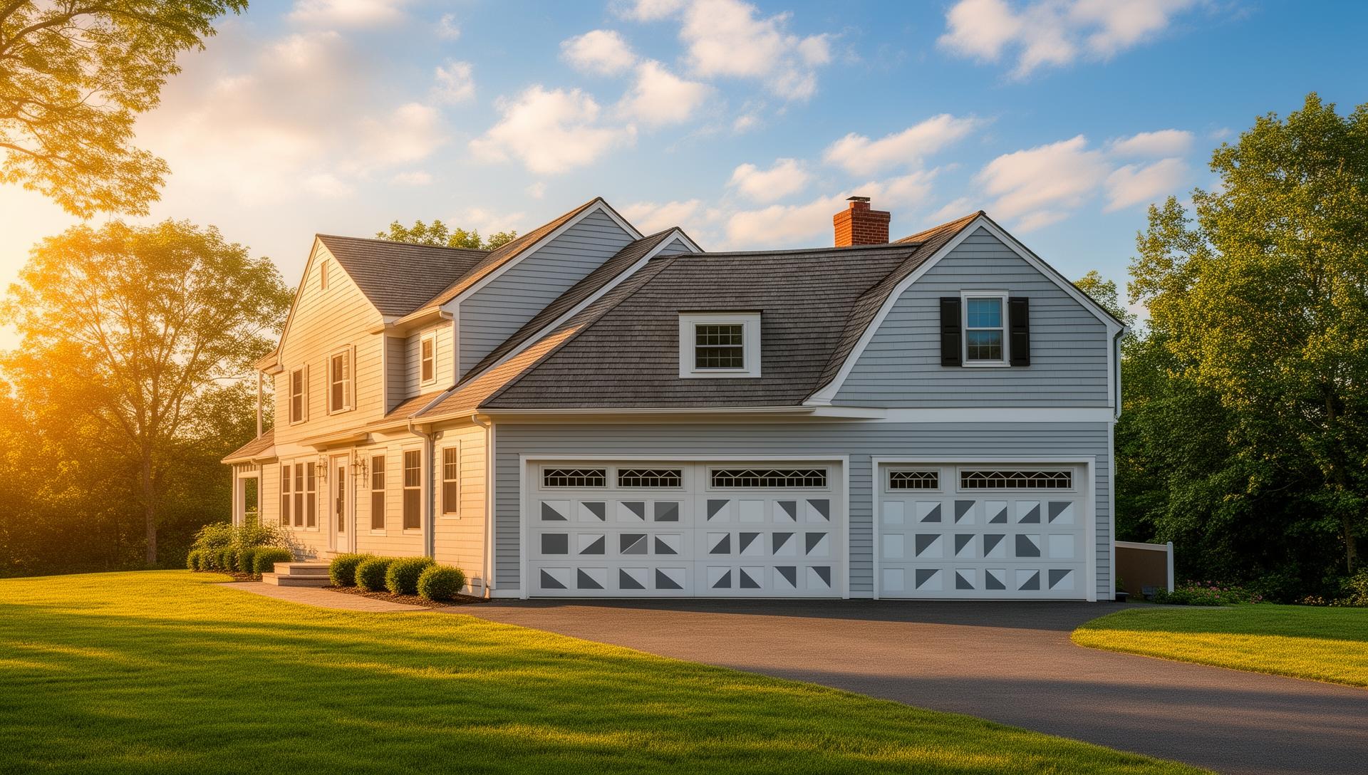 Beautiful colonial home with mid-century modern garage doors featuring geometric window patterns in Newland NC